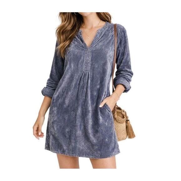 Anthropologie Dresses & Skirts - Anthropologie Melody Dusty Blue Gray Velvet Tunic Shirt Dress Sz XL Long Sleeve